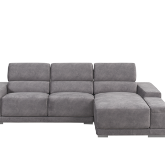 Sofá de 3 lugares com costas reclináveis, chaise longue e braço com baú