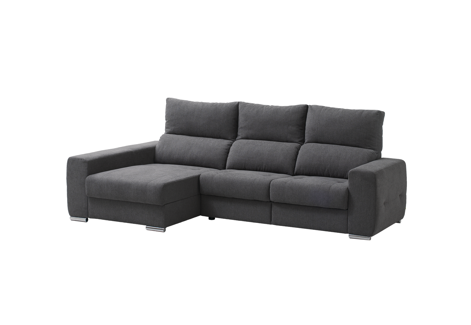 Sofá de 3 lugares com costas reclináveis, assentos deslizantes e chaise longue com baú