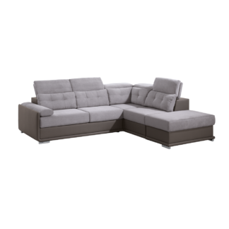 Sofá de canto com costas reclináveis e terminal com baú