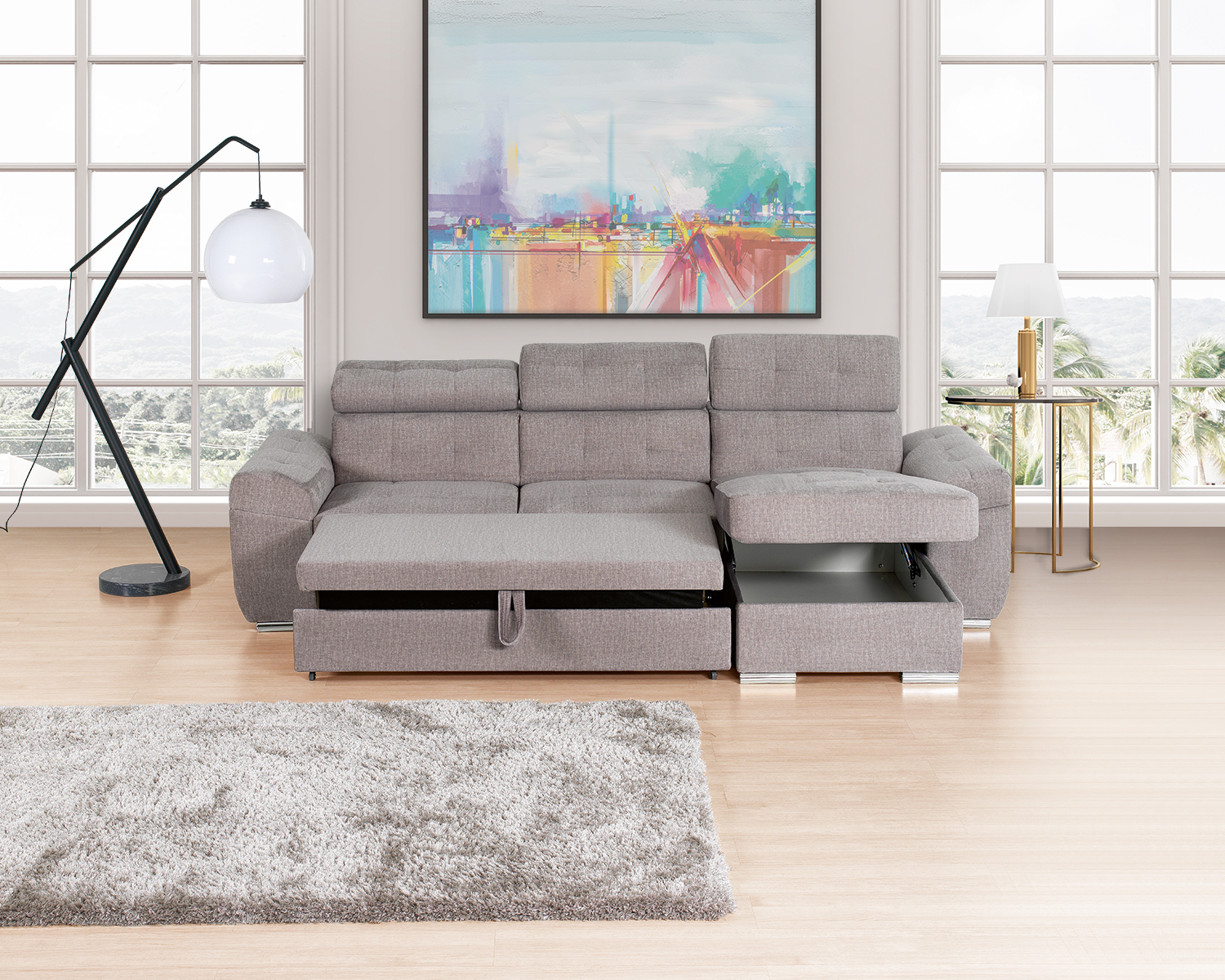 Sofá de 3 lugares com costas reclináveis, chaise longue reversível, com baú, e cama elevatória - Image 3